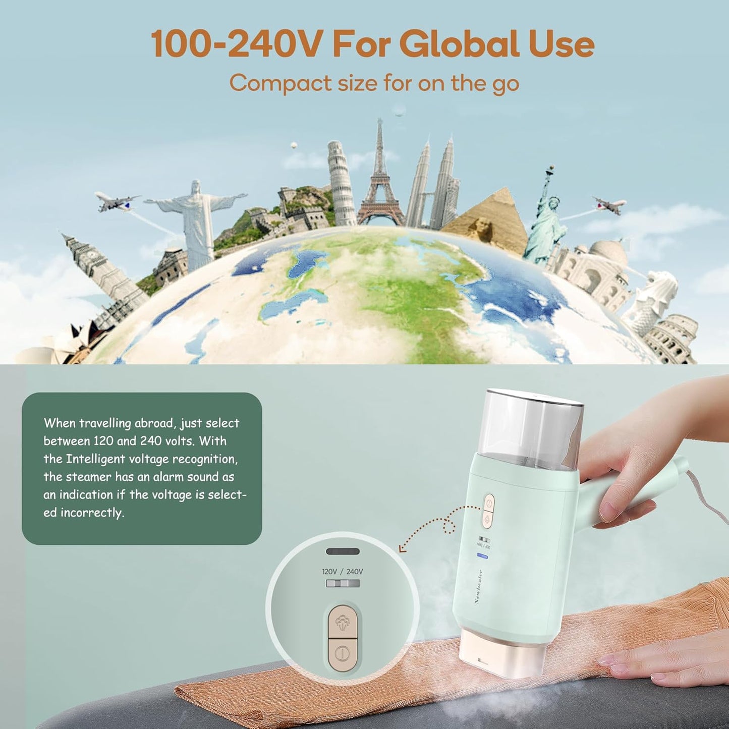 Newbealer Travel Steamer - Dual Voltage 1200W Fabric Wrinkle Remover | Fast 20s Heat-Up, Foldable, 180ml (Green)