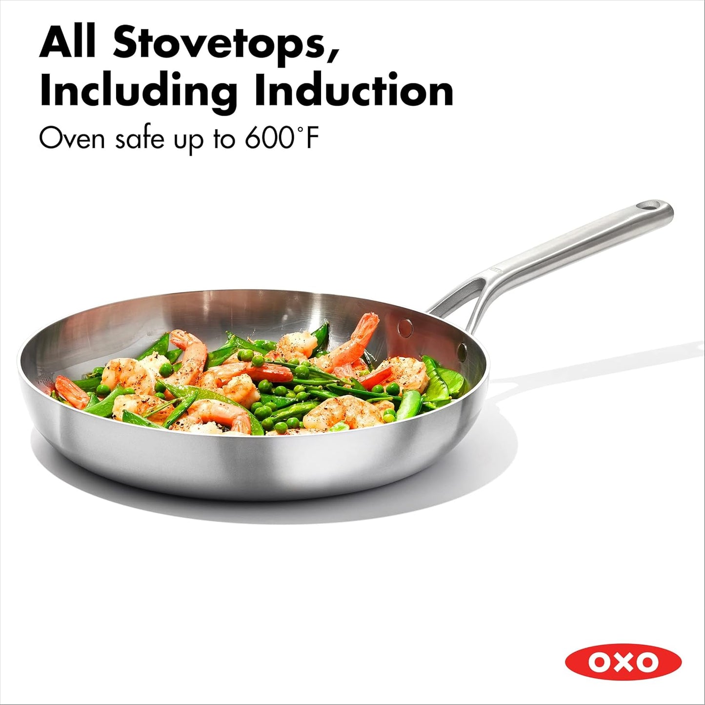 OXO Mira Tri-Ply Stainless Steel Frying Pan - 12" Induction Skillet, Dishwasher Safe & Metal Utensil Friendly