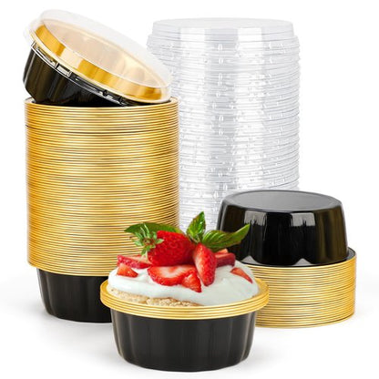 Beasea Disposable Ramekins 8oz, 100 Pack Black Gold Aluminum Foil Cups with Lids, Disposable Creme Brulee Muffin Cupcake Baking Cup Mini Pudding Cups for Party Wedding Birthday