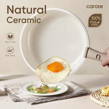 CAROTE 18-Piece Ceramic Cookware Set - Induction Nonstick Pots and Pans with Detachable Handle, Brown