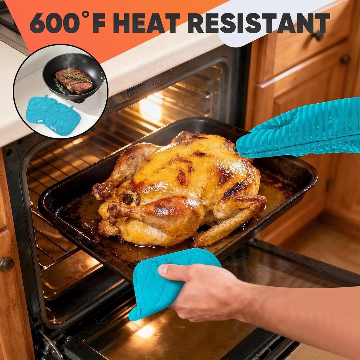 Skiennix Oven Mitts Set - 500°F Heat Resistant with Silicone Grip | Includes 2 Gloves, 2 Potholders & 8 Towels