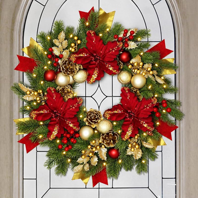 Red 24-Inch Christmas Wreath with Lights & Poinsettias - Pre-Lit
