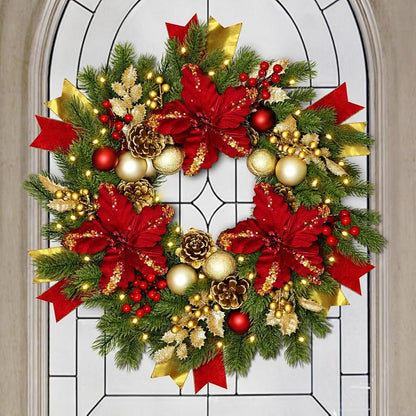Red 24-Inch Christmas Wreath with Lights & Poinsettias - Pre-Lit