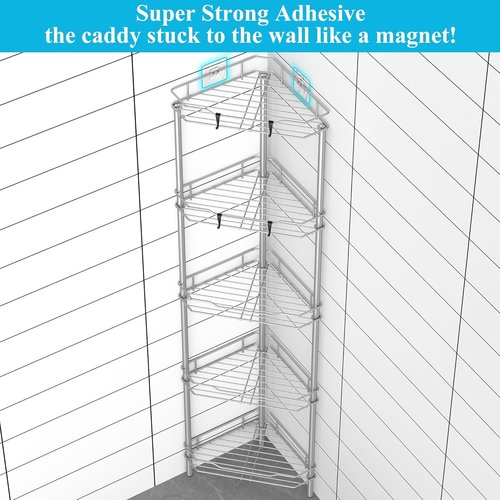 HuggieGems 5-Tier Corner Shower Caddy Organizer - Bathroom Shelf Rack with Hooks, Gray Finish