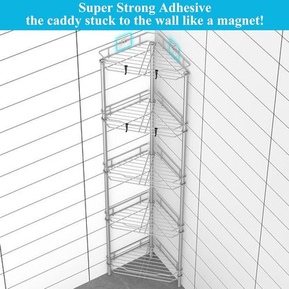 HuggieGems 5-Tier Corner Shower Caddy Organizer - Bathroom Shelf Rack with Hooks, Gray Finish