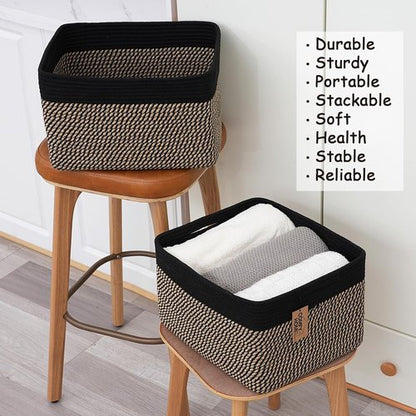 Comfy-Homi Cotton Rope Square Baskets - Versatile Storage Bins with Handles | 13.5" x 11" x 9.5" | Black/Jute