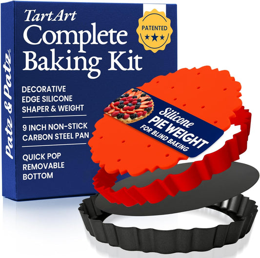 Patz&Patz 9-Inch All-in-One Fluted Tart Pan - Nonstick Carbon Steel with Removable Bottom & Silicone Crust Shaper