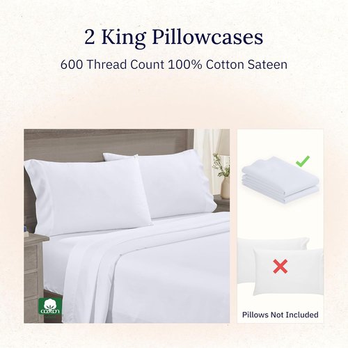 California Design Den King Size White Pillowcase Set - Luxuriously Soft 600 Thread Count Cotton (Set of 2)