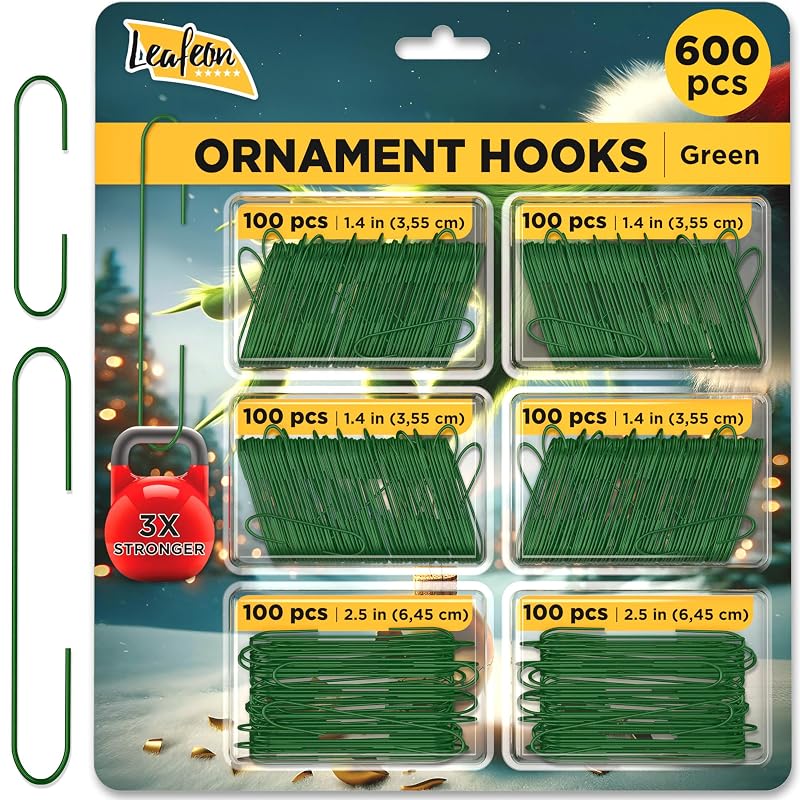 Leafeon 600 Green Ornament Hooks - Gold Finish Christmas Hangers for Tree Decorations (Variation: GREEN 600)