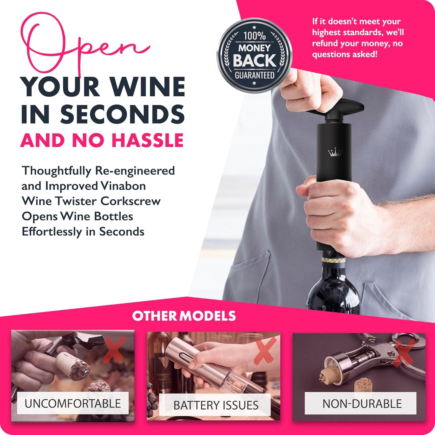 VINABON Self-Pulling Wine Opener - Updated 2026 Professional-Quality Twister Wine Corkscrews with Wine Foil Cutter - Manual Easy-Turn Wine Bottle Opener Corkscrew. Includes WineGuide Ebook