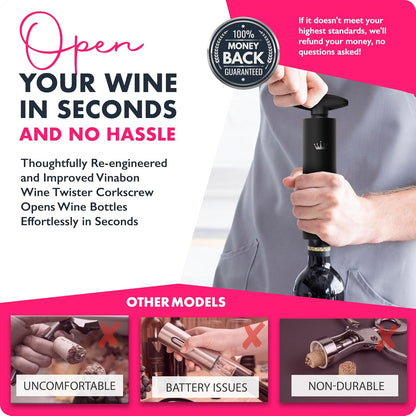 VINABON Self-Pulling Wine Opener - Updated 2026 Professional-Quality Twister Wine Corkscrews with Wine Foil Cutter - Manual Easy-Turn Wine Bottle Opener Corkscrew. Includes WineGuide Ebook
