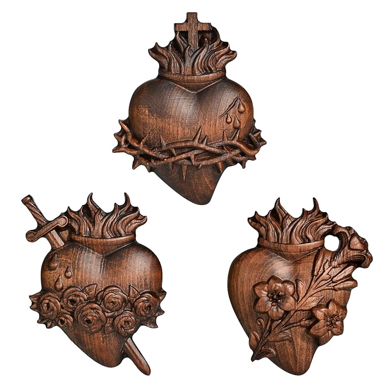 Wooden Three Sacred Hearts Wall Decor - Holy Family Beech Wood 4 Inch, Handmade