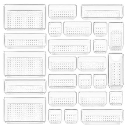 Vtopmart 25 PCS Clear Plastic Drawer Organizers Set, 4-Size Versatile Bathroom and Vanity Drawer Organizer Trays, Storage Bins for Makeup, Bedroom, Kitchen Gadgets Utensils and Office