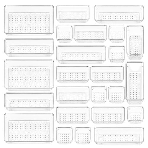 Vtopmart 25 PCS Clear Plastic Drawer Organizers Set, 4-Size Versatile Bathroom and Vanity Drawer Organizer Trays, Storage Bins for Makeup, Bedroom, Kitchen Gadgets Utensils and Office