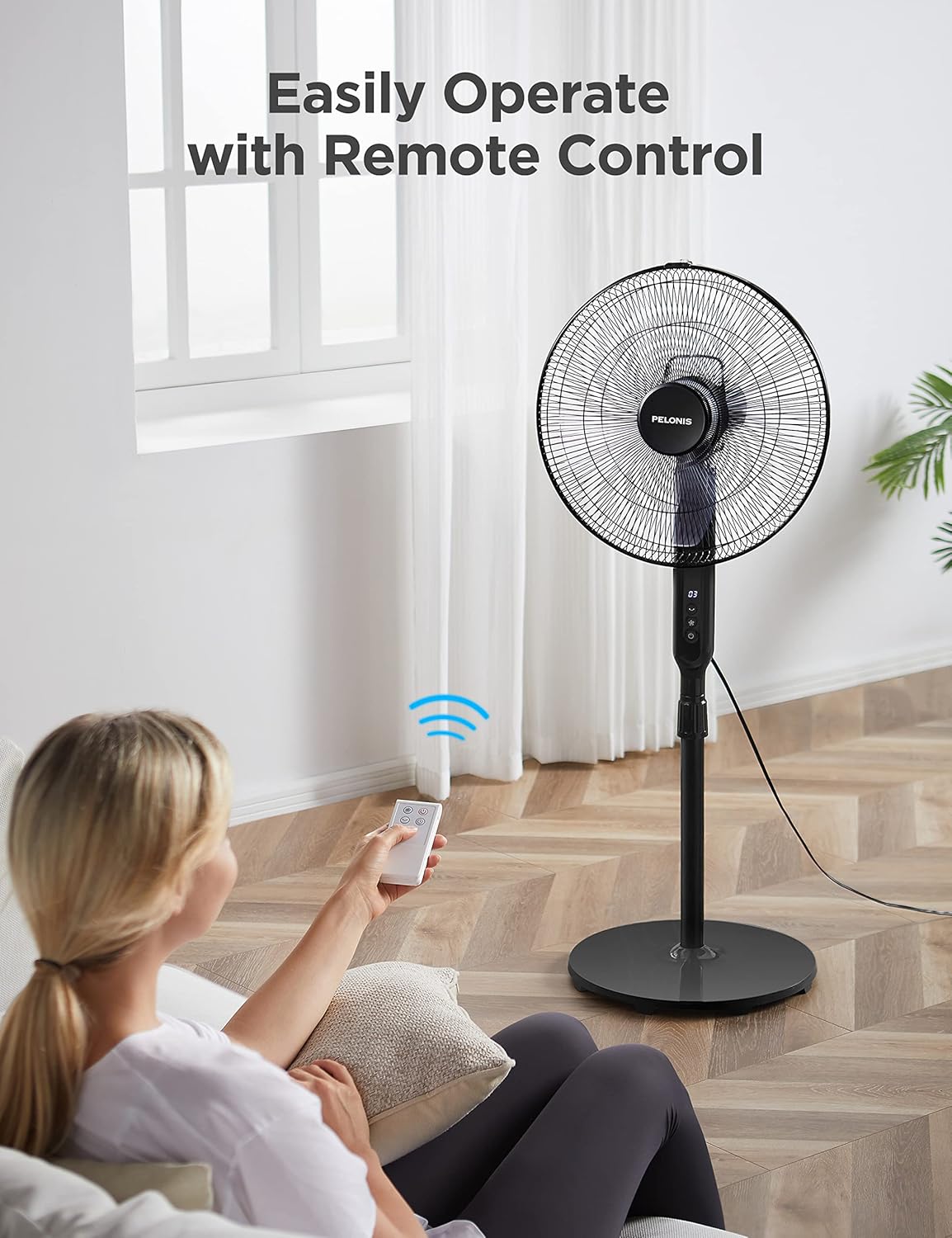 Pelonis 16" Oscillating Pedestal Fan - Ultra Quiet DC Motor, Adjustable Height, Remote Control | Black
