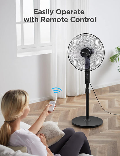 Pelonis 16" Oscillating Pedestal Fan - Ultra Quiet DC Motor, Adjustable Height, Remote Control | Black