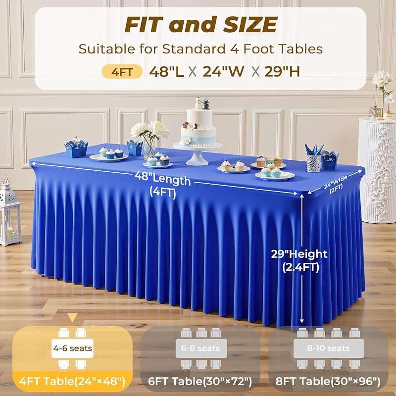 2 Pack Royal Blue Fitted 4 Ft Tablecloths - Spandex Stretch, Wrinkle-Resistant, Elastic for 4 Foot Rectangular Tables (Variation: Royal Blue+4 Feet - 2 Pack)