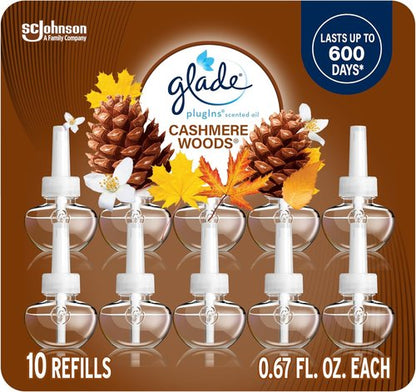 Glade PlugIns Refills Air Freshener - Cashmere Woods Scented Essential Oils | 6.7 Fl Oz, 10 Count