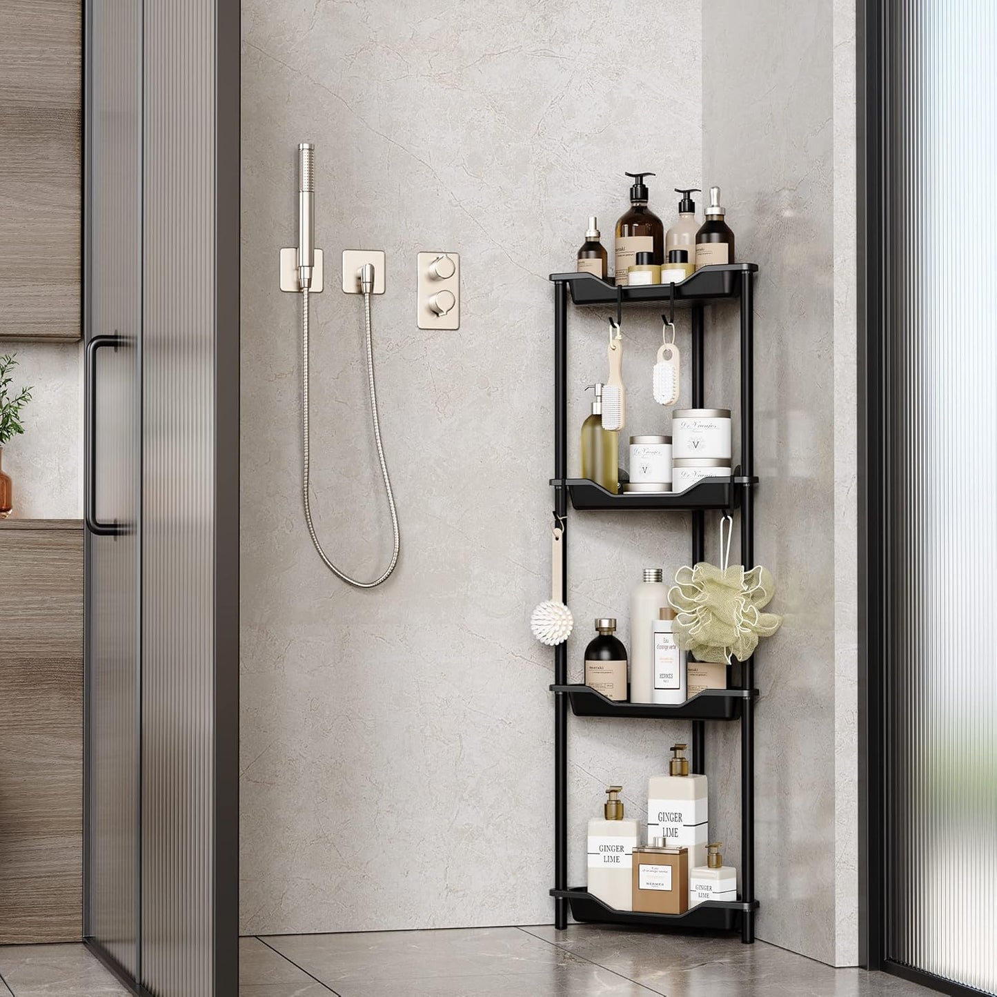 Orimade Rustproof 4-Tier Corner Shower Caddy Organizer - Durable Plastic & Metal, Black | 10.8 x 10.8 x 44.6 Inches