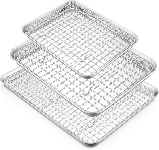 TeamFar Stainless Steel Baking Sheet Set - Heavy Duty Non-Toxic Cookie Pans & Cooling Racks | 6 PCS (3 Pans + 3 Racks)