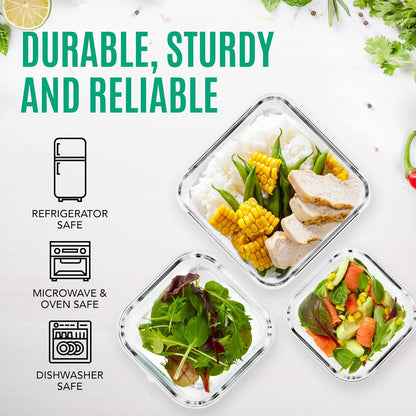Razab Glass Food Storage Containers Set - 6 PC Airtight Lids, 74/40/18 oz | Reusable Meal Prep, Oven & Dishwasher Safe