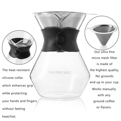 Mixpresso Pour Over Coffee Maker Set Glass Carafe Borosilicate White Protective Silicone Sleeve, Pour Over Coffee Dripper Brewer With Double-layer Stainless Steel Filter 13.5 Oz