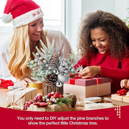 Hatisan Small Christmas Tree - Artificial Pine Cone & Berry Decor | Tabletop Holiday Decoration (Silver-Round)