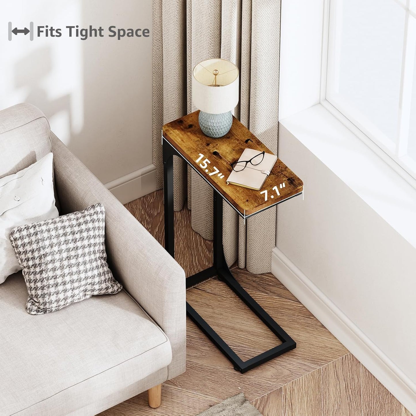 QEEIG Narrow C Shaped Side Table Set - Slim Couch Tray Tables in Rustic Brown | 7-Inch Width, Set of 2