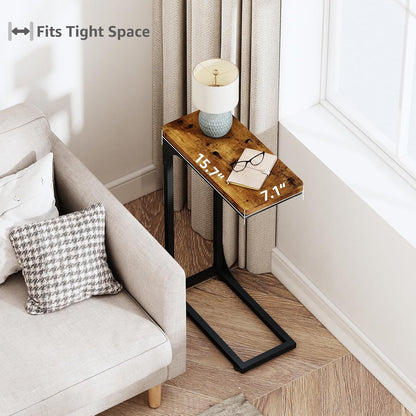 QEEIG Narrow C Shaped Side Table Set - Slim Couch Tray Tables in Rustic Brown | 7-Inch Width, Set of 2