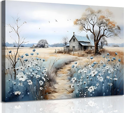 Rustic Farmhouse Canvas Wall Art - Beautiful Wildflower Barn Painting | Nature Scenery Poster 16x24in