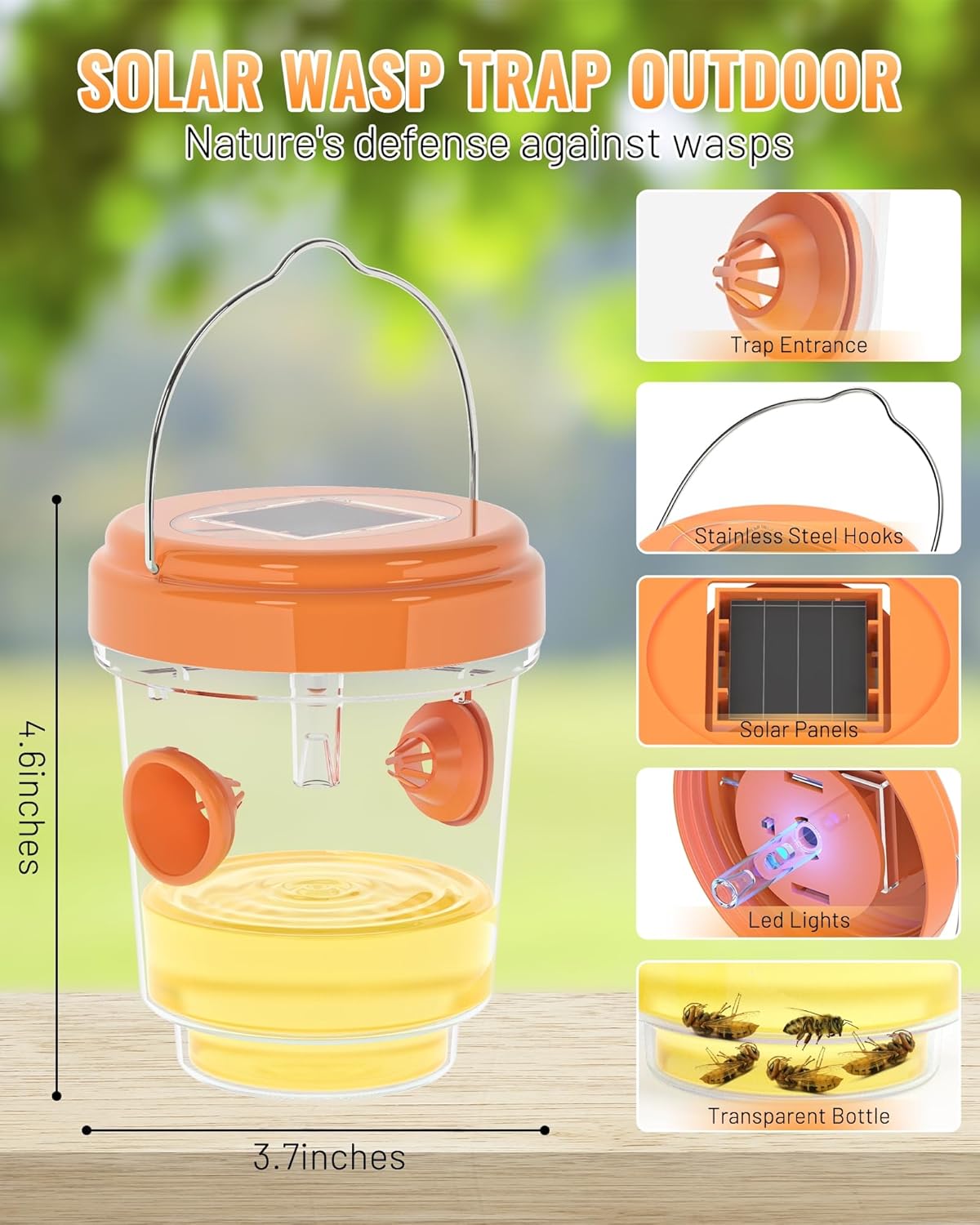 Skiennix Wasp Traps - Solar Powered Outdoor Hanging Traps with Rubber Whiskers & LED Light | 2 Pack