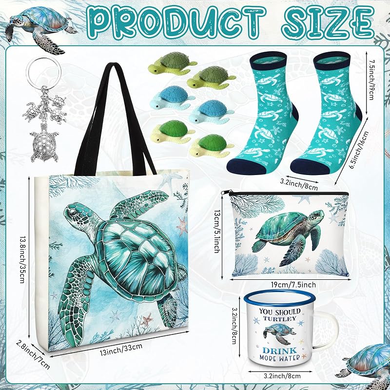 Sea Turtle Gift Set: Tote Bag, Makeup Bag, 14 oz Enamel Mug, Socks, Keychain — Sea Turtle Variation