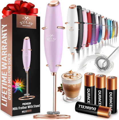 Zulay Kitchen Milk Frother Wand - Ultra-Fast Handheld Electric Whisk for Coffee & Lattes - Lilac & Rose Gold