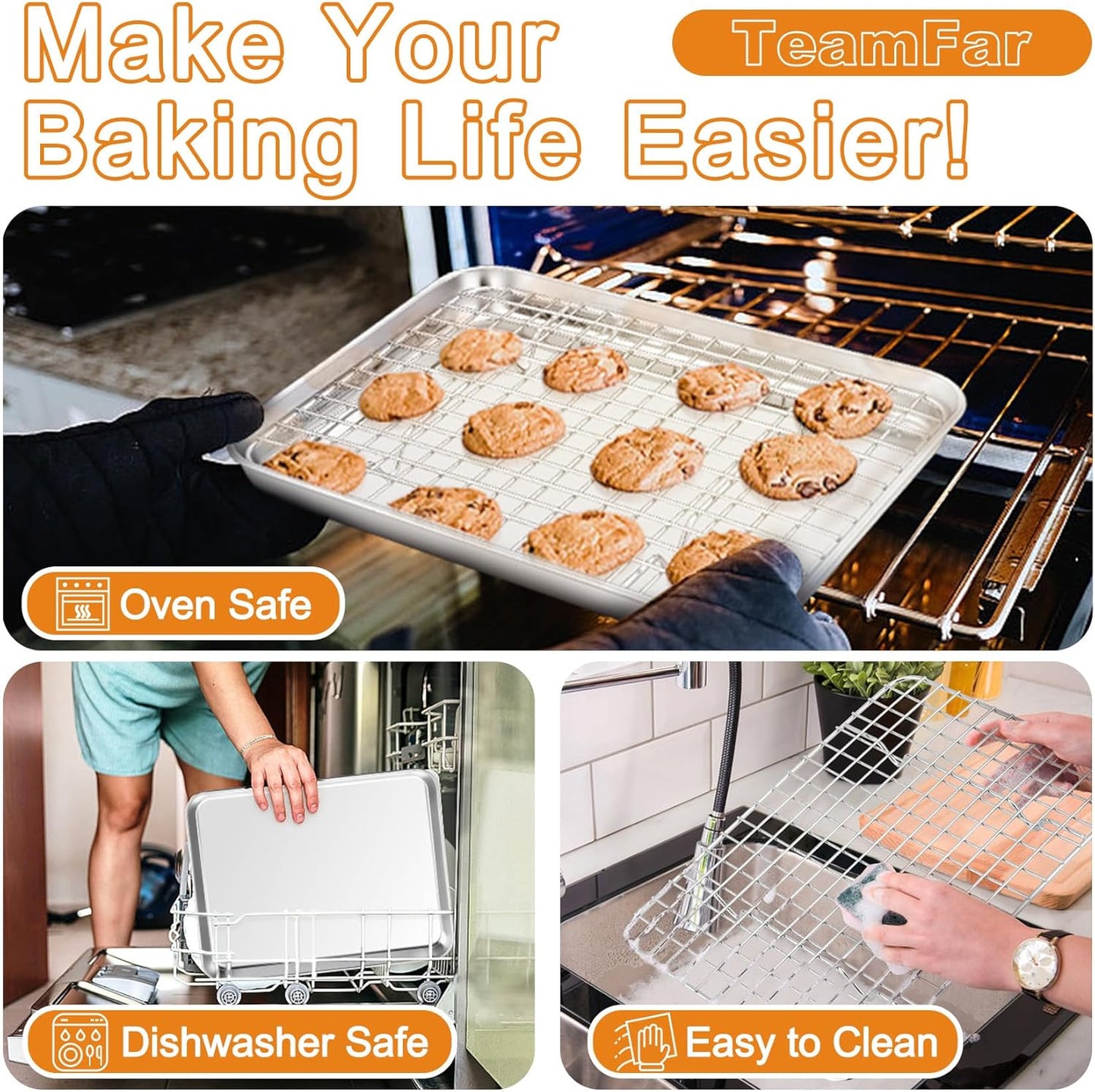TeamFar Stainless Steel Baking Sheet Set - Heavy Duty Non-Toxic Cookie Pans & Cooling Racks | 6 PCS (3 Pans + 3 Racks)