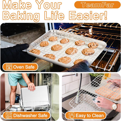 TeamFar Stainless Steel Baking Sheet Set - Heavy Duty Non-Toxic Cookie Pans & Cooling Racks | 6 PCS (3 Pans + 3 Racks)