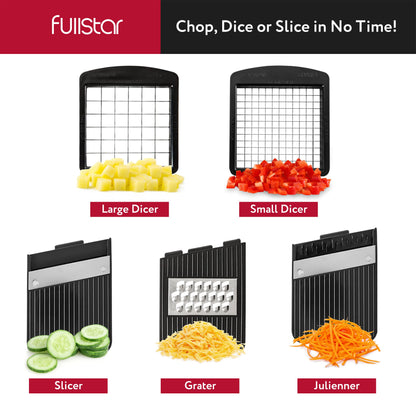 Fullstar All-in-1 Vegetable Chopper, Mandoline Slicer & Cheese Grater - French Fry Cutter & Veggie Dicer - Includes Bonus Handheld Spiralizer - Cook's Tool & Gadget Sets (6 in 1, Black)