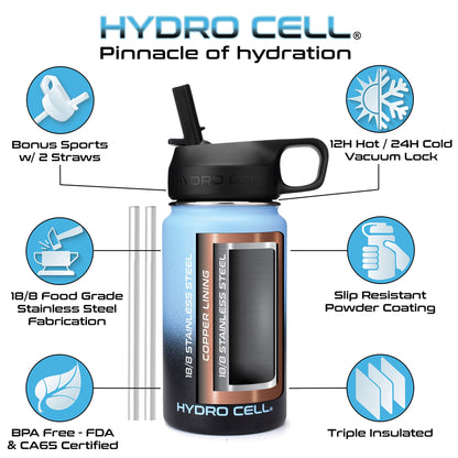 HYDRO CELL Stainless Steel Insulated Water Bottle with Straw - For Cold & Hot Drinks - Metal Vacuum Flask with Screw Cap and Modern Leakproof Sport Thermos for Kids & Adults (Blue/Black 14oz)