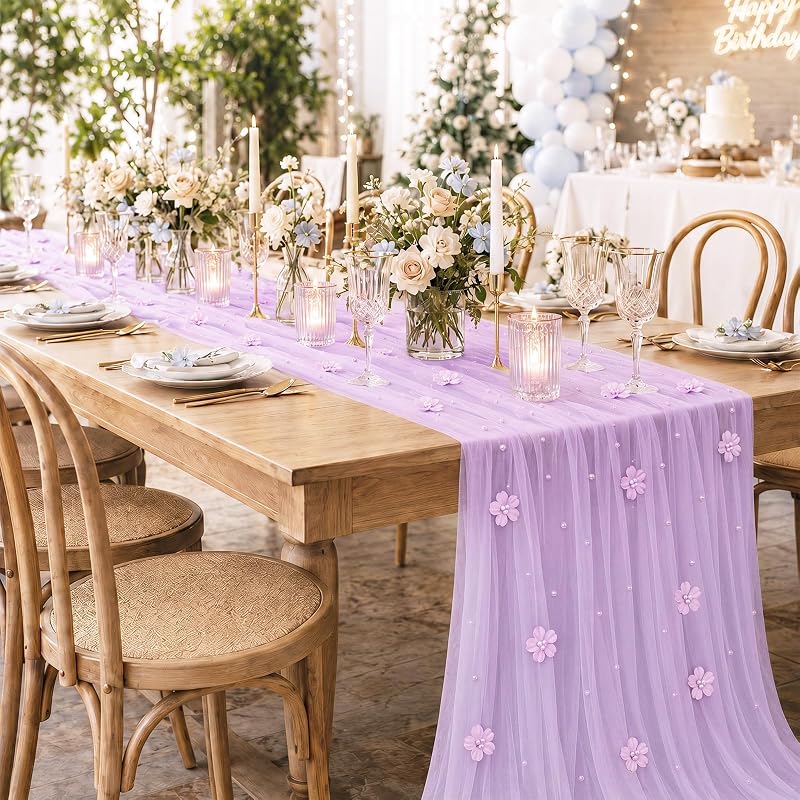 6 Pcs 29x120'' Pearl Tulle Table Runner - Purple, Wedding Party Set (Variation: Purple)