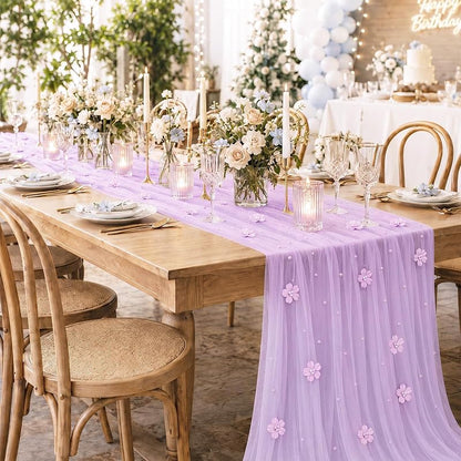 6 Pcs 29x120'' Pearl Tulle Table Runner - Purple, Wedding Party Set (Variation: Purple)