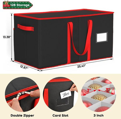 Kesfitt Christmas Ornament Storage Box - Large Organizer with 8 Trays & Dividers for 128 Ornaments | Black