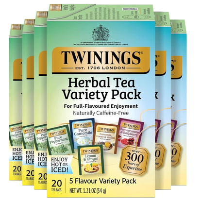 Twinings Herbal Tea Variety Pack - 20 Count (Pack of 6) | 5 Flavours, Naturally Caffeine-Free, Enjoy Hot or Iced