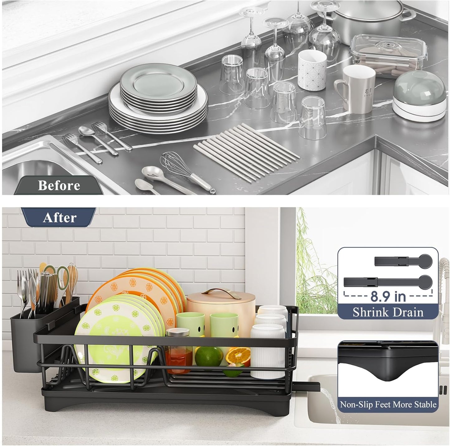 SAYZH Dish Drying Rack - Large-Capacity Rust Resistant Kitchen Drainer with Drainboard & Rotating Spout | Black