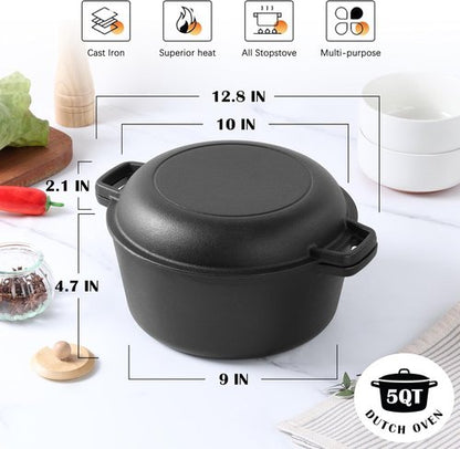 E-far 5QT Dutch Oven - Versatile Cast Iron Pot with Skillet Lid & Sourdough Starter Kit | Ideal for Baking, Frying, BBQ