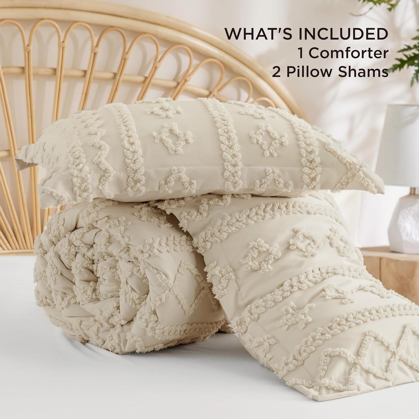 Bedsure Tufted Boho Comforter Set - Queen Size Beige Bedding | GentleSoft™ 3-Piece Farmhouse Embroidery Set