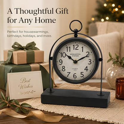 Vintage Black Table Clock with Glass Cover – Silent Mantel Desk Clock