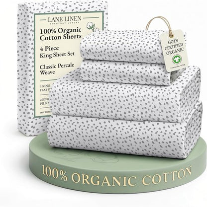 LANE LINEN King Bed Set - 100% Organic Cotton, Ultra Soft Percale Weave, Haze Grey