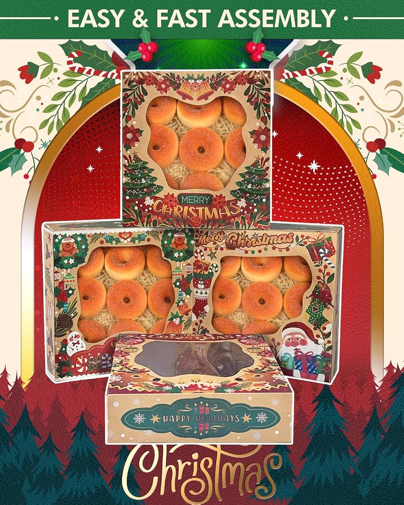 Christmas Kraft Cookie Boxes with Window 30 Pcs 9x9x2.5in - Gift Set, Easy Assemble