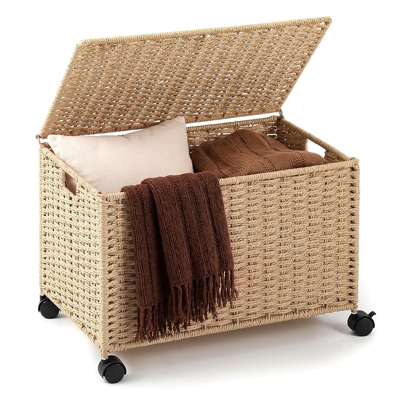 17.2 Gallon Wicker Storage Trunk Basket with Lid and Wheels – Natural Paper Rope, 65 L — Variation: Natural+17.2 Gallon/65 L+Paper