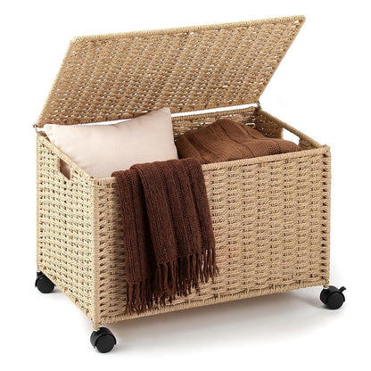 17.2 Gallon Wicker Storage Trunk Basket with Lid and Wheels – Natural Paper Rope, 65 L — Variation: Natural+17.2 Gallon/65 L+Paper
