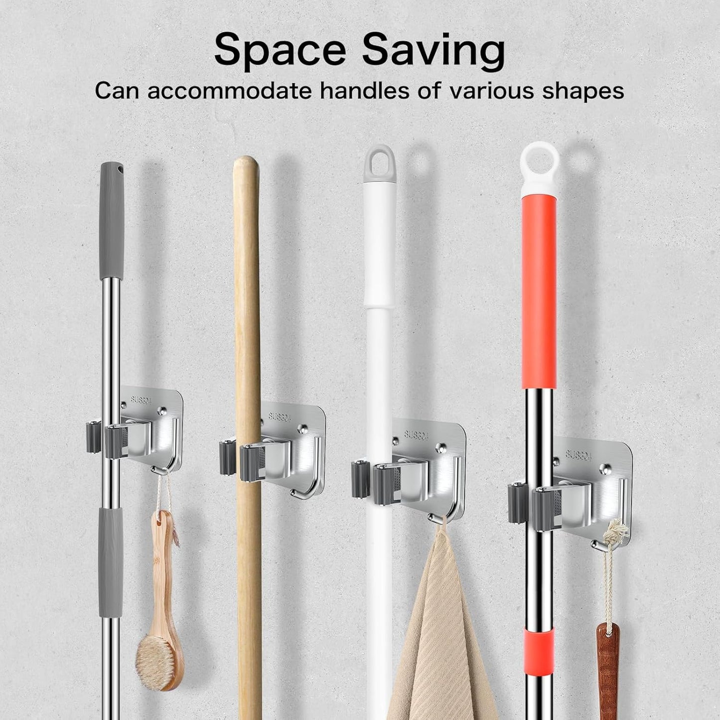 Nacena Broom Holder Wall Mount - Heavy Duty Stainless Steel Mop & Broom Organizer | 4 Pack Silver